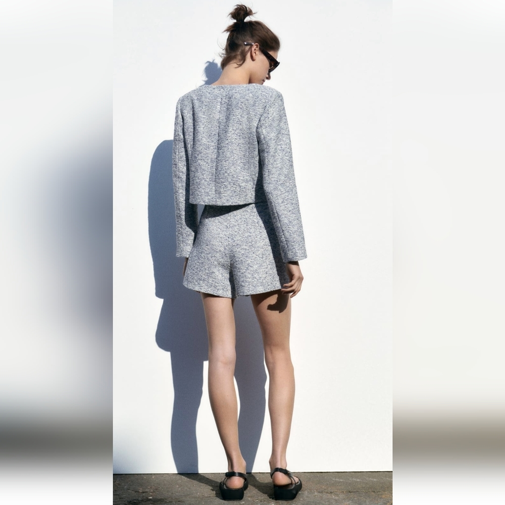 Gold Button Textured Blazer Ecru Blue Zara XS - Picture 8 of 8